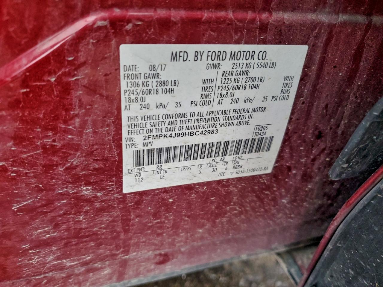 2017 Ford Edge Sel VIN: 2FMPK4J99HBC42983 Lot: 94222045