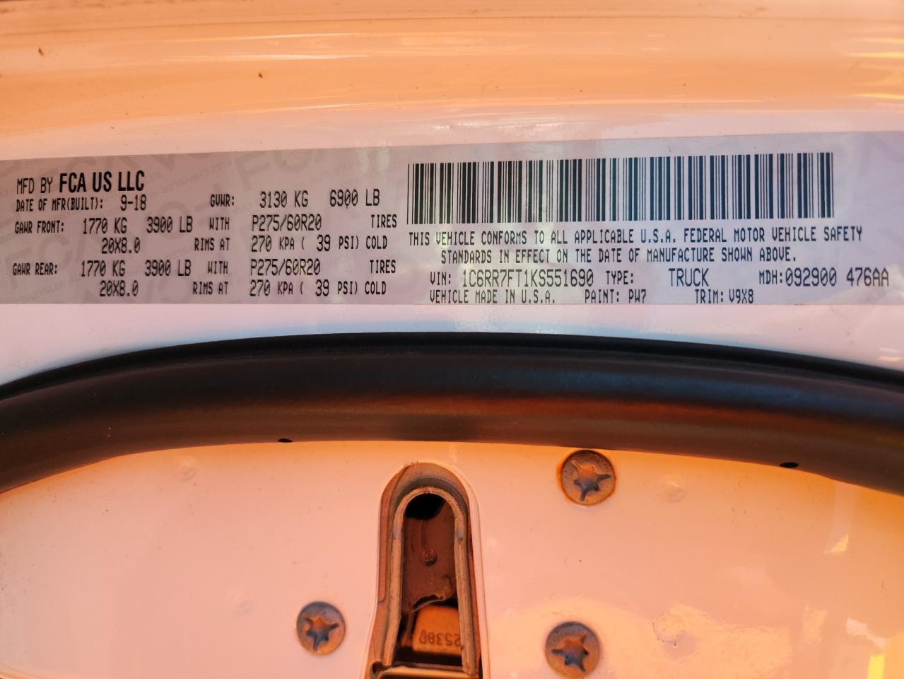 2019 Ram 1500 Classic Tradesman VIN: 1C6RR7FT1KS551690 Lot: 93111525