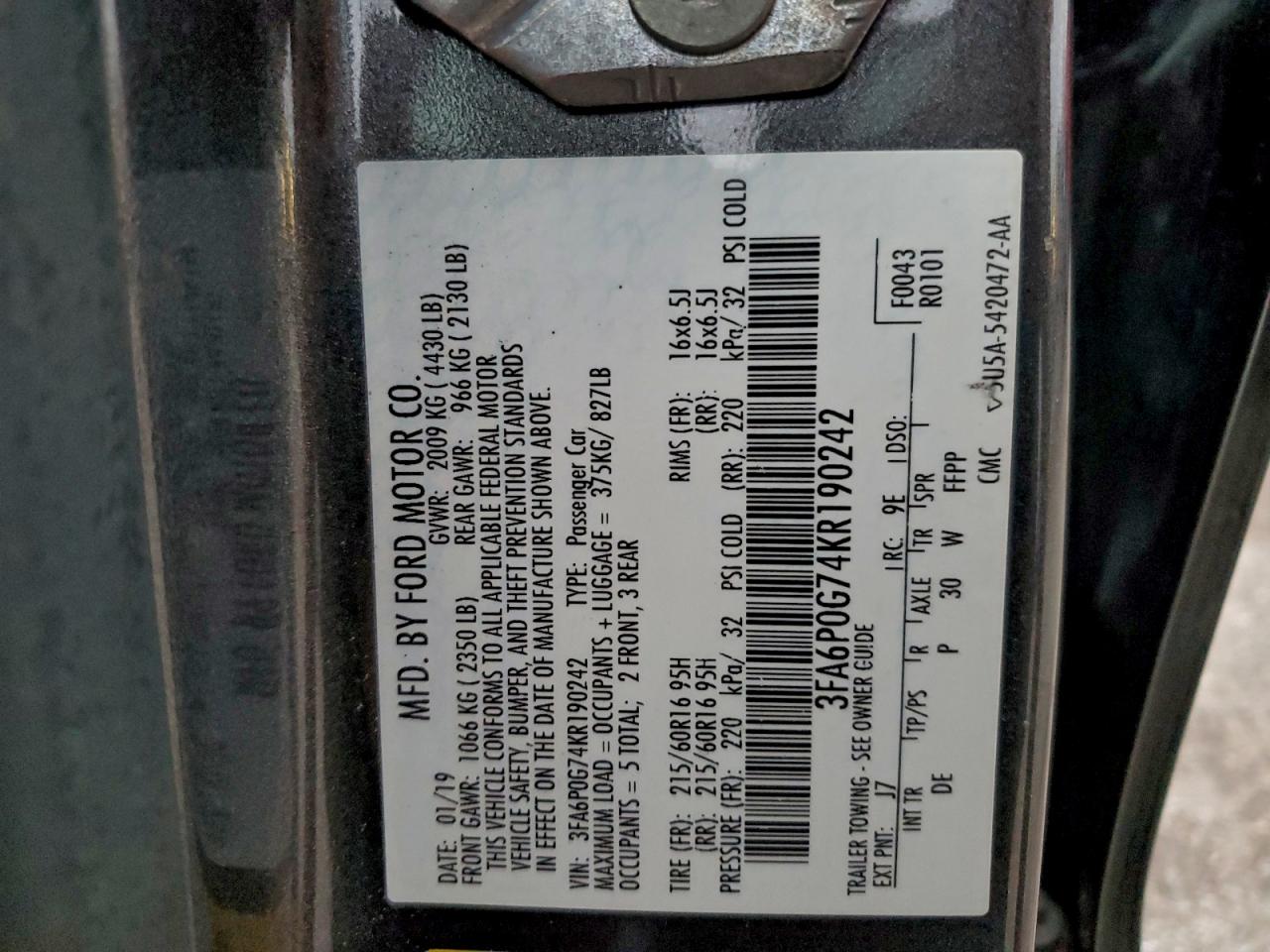 2019 Ford Fusion S VIN: 3FA6P0G74KR190242 Lot: 93396545