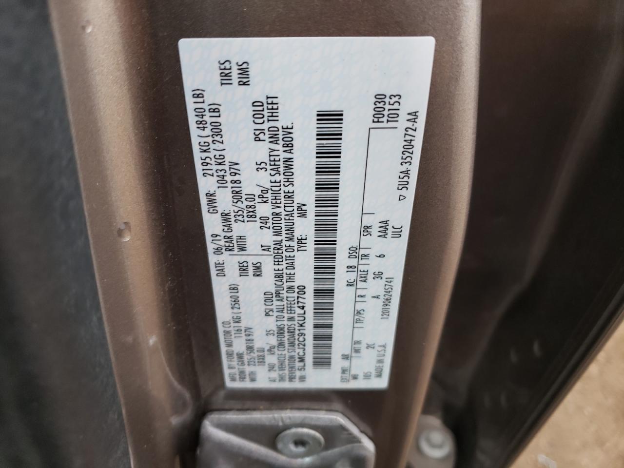 2019 Lincoln Mkc Select VIN: 5LMCJ2C91KUL47700 Lot: 93350925