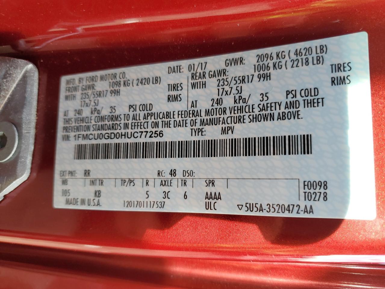 2017 Ford Escape Se VIN: 1FMCU0GD0HUC77256 Lot: 93412035