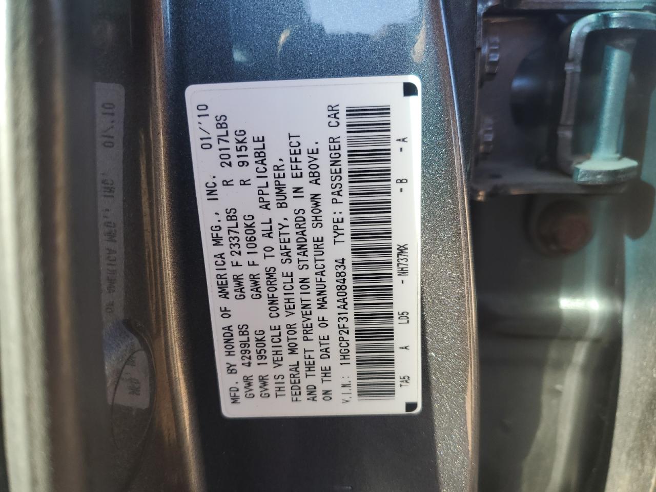 2010 Honda Accord Lx VIN: 1HGCP2F31AA084834 Lot: 93026215