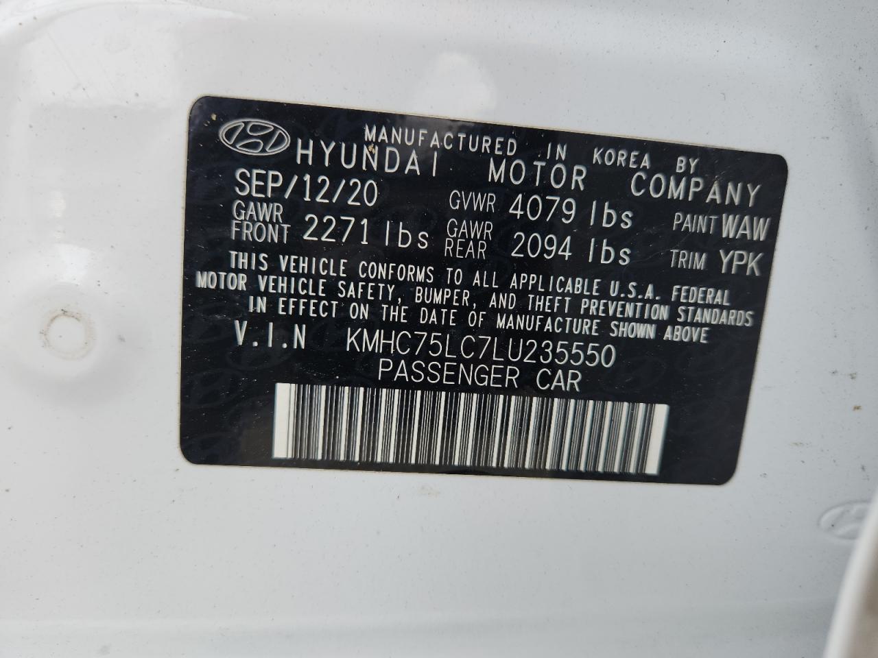 2020 Hyundai Ioniq Se VIN: KMHC75LC7LU235550 Lot: 93920575