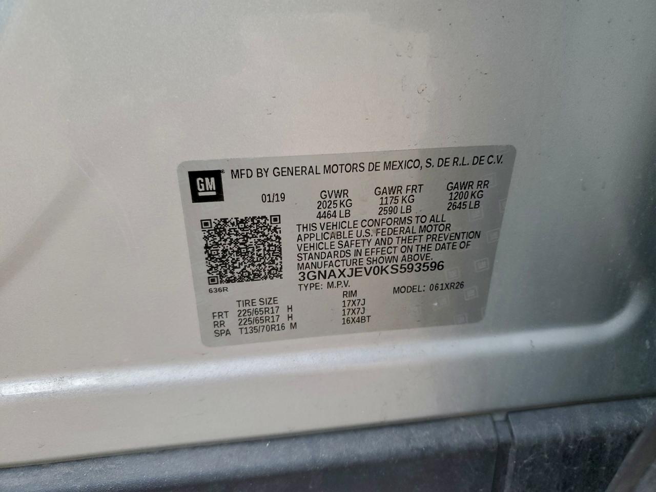 2019 Chevrolet Equinox Lt VIN: 3GNAXJEV0KS593596 Lot: 93307235