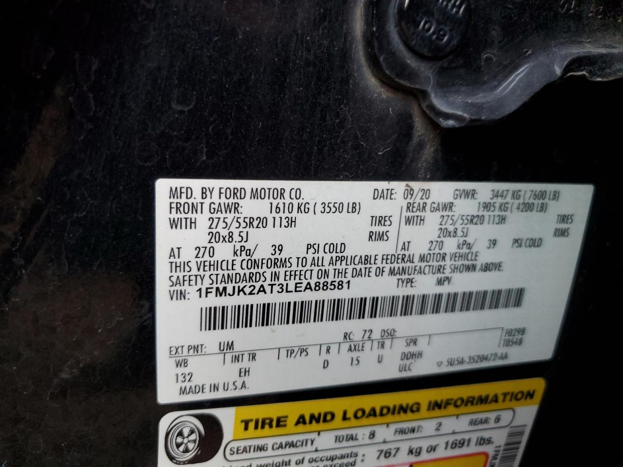 2020 Ford Expedition Max Limited VIN: 1FMJK2AT3LEA88581 Lot: 92577455