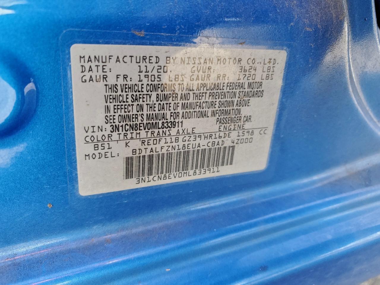 2021 Nissan Versa Sv VIN: 3N1CN8EV0ML833911 Lot: 94230735