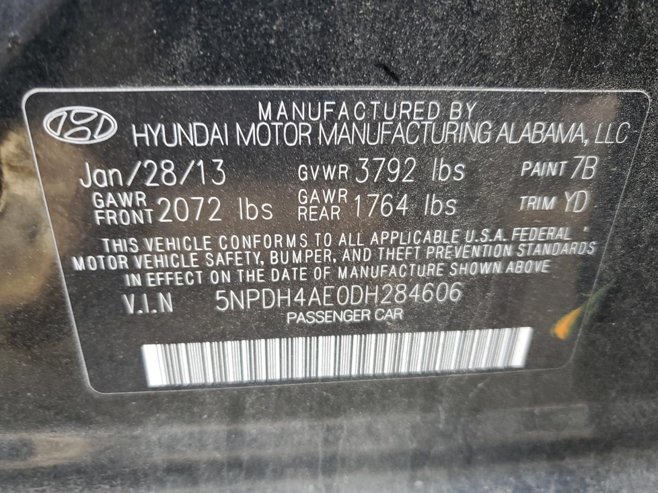 2013 Hyundai Elantra Gls VIN: 5NPDH4AE0DH284606 Lot: 91908585