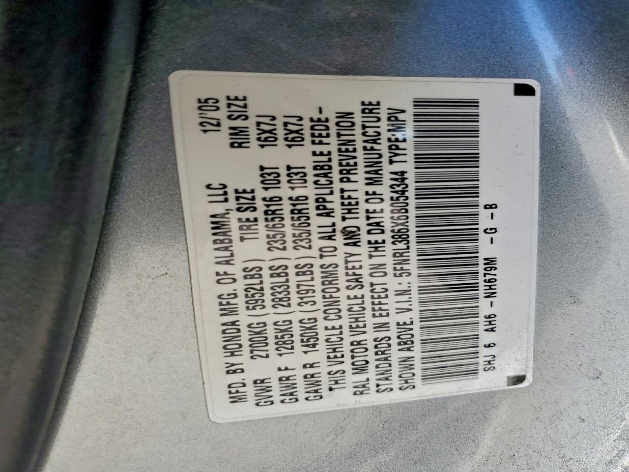 2006 Honda Odyssey Exl VIN: 5FNRL386X6B054344 Lot: 94362395