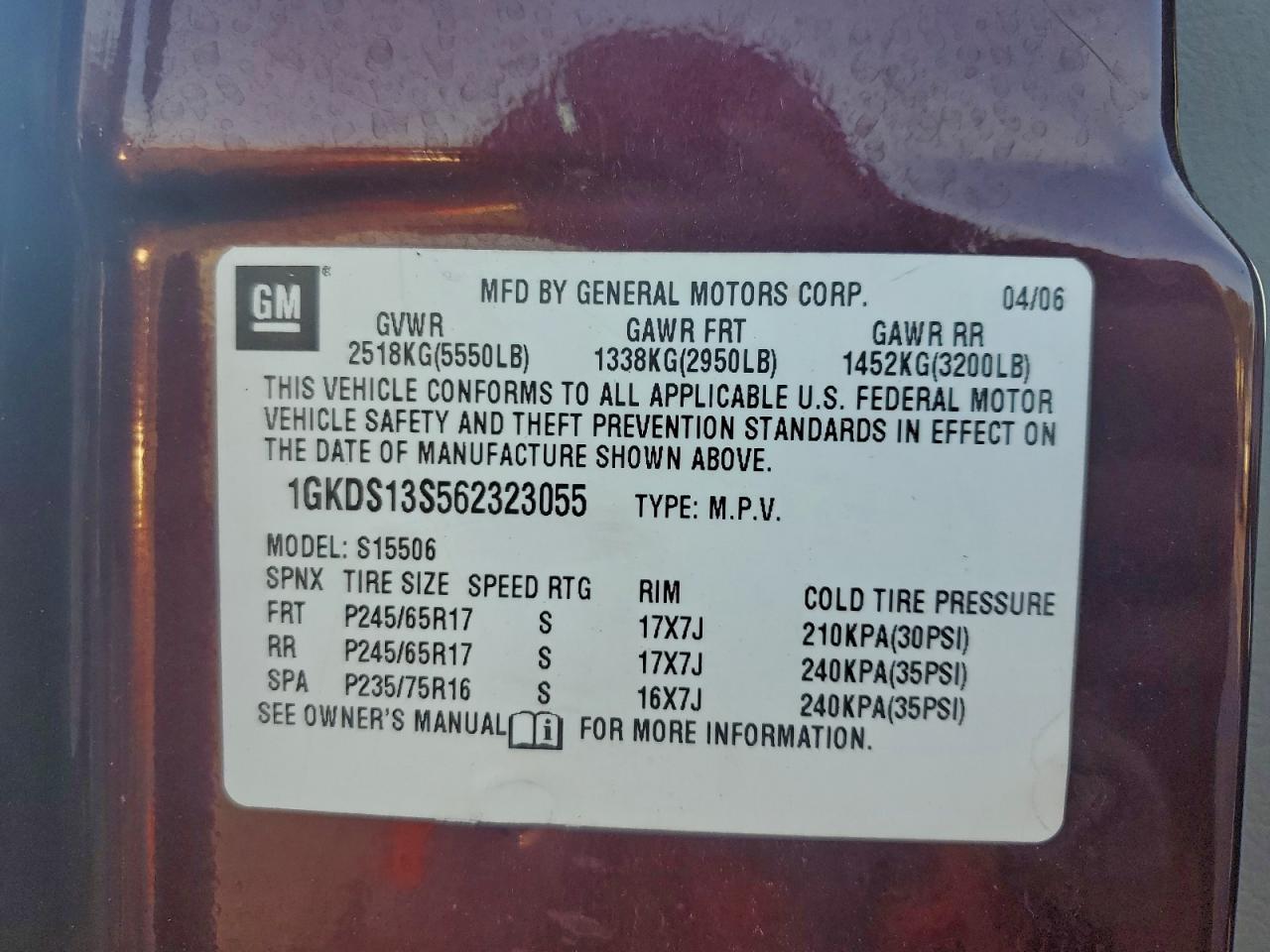 2006 GMC Envoy VIN: 1GKDS13S562323055 Lot: 94316235