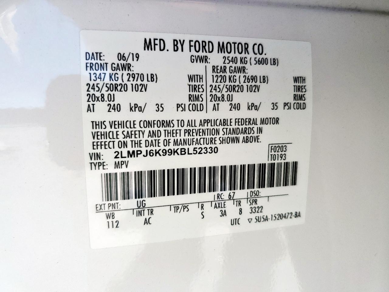 2019 Lincoln Nautilus Select VIN: 2LMPJ6K99KBL52330 Lot: 93150975