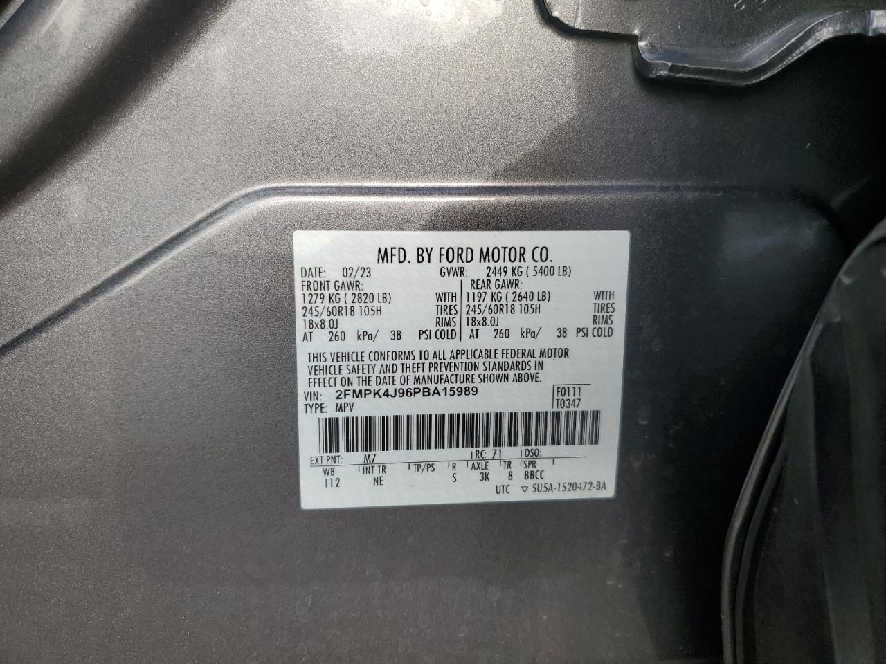 2023 Ford Edge Sel VIN: 2FMPK4J96PBA15989 Lot: 91937715