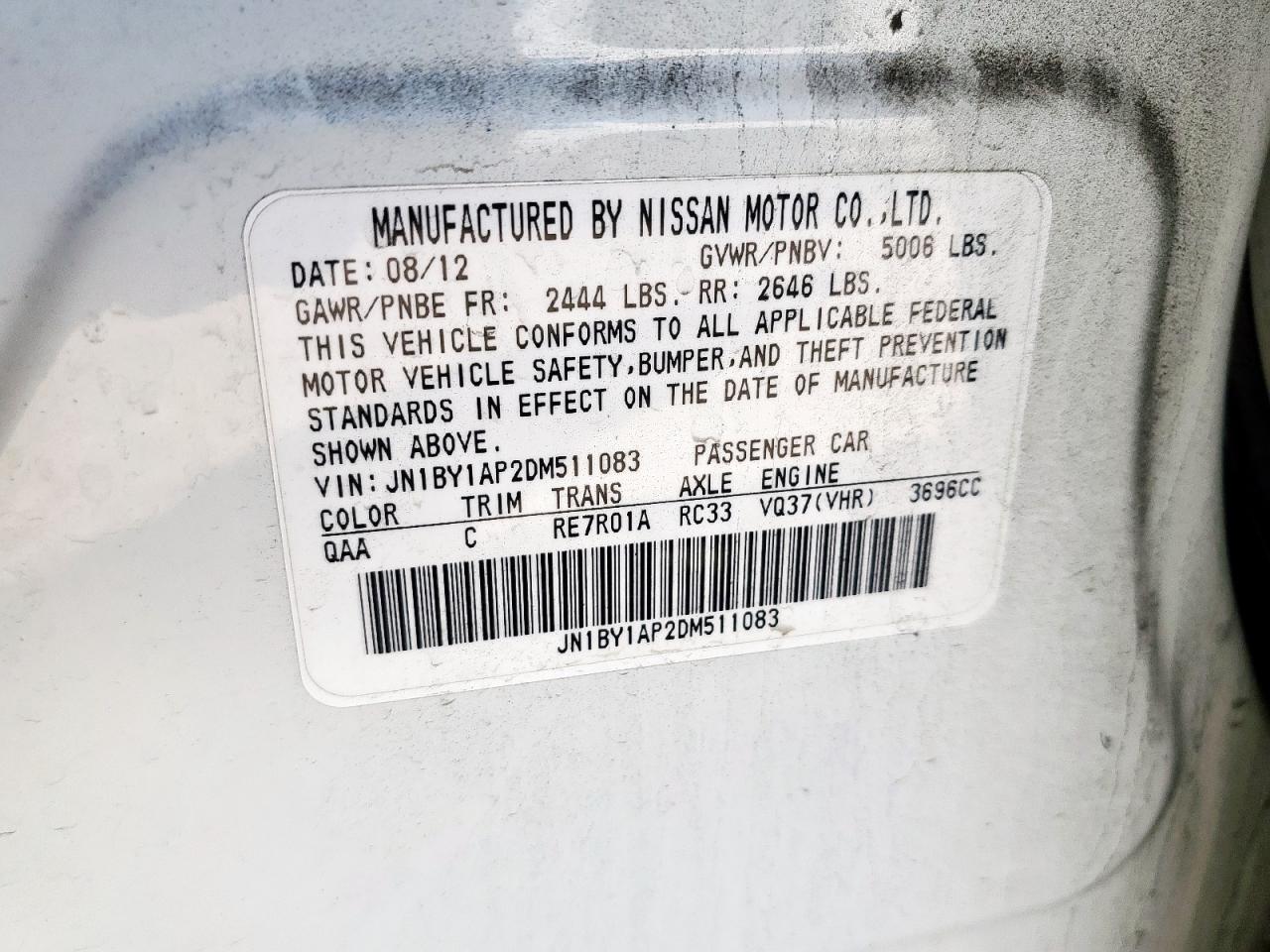 2013 Infiniti M37 VIN: JN1BY1AP2DM511083 Lot: 90711375