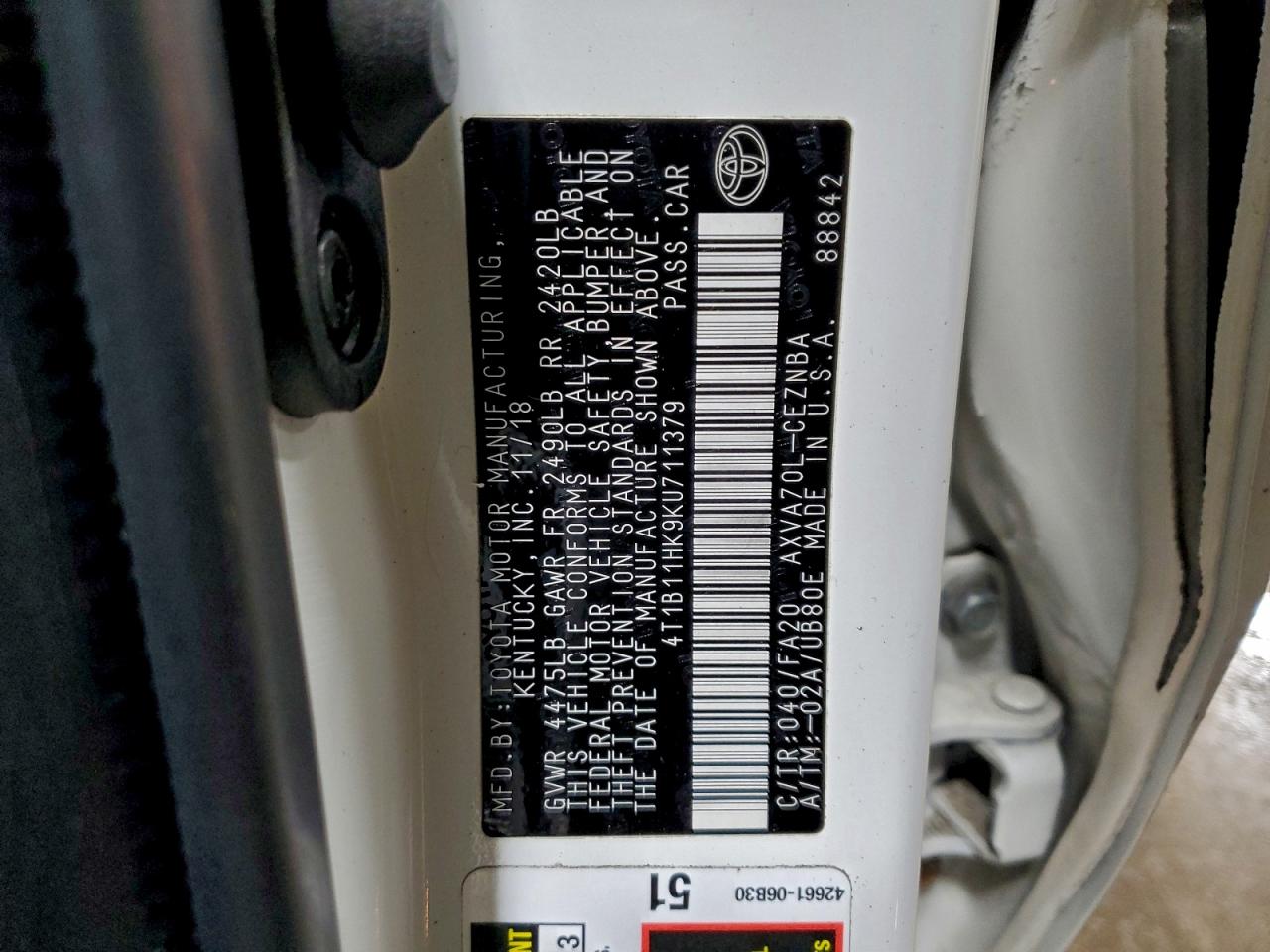 2019 Toyota Camry L VIN: 4T1B11HK9KU711379 Lot: 94682895