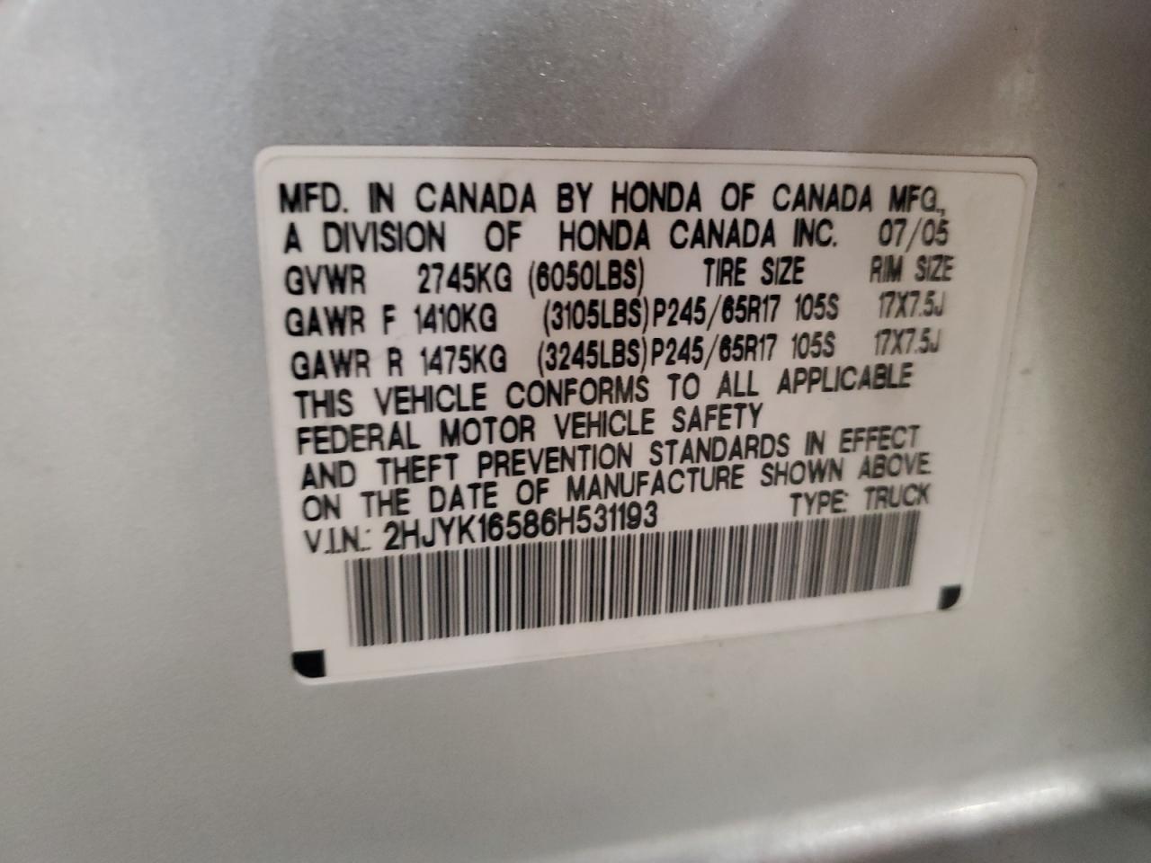 2006 Honda Ridgeline Rtl VIN: 2HJYK16586H531193 Lot: 91784965