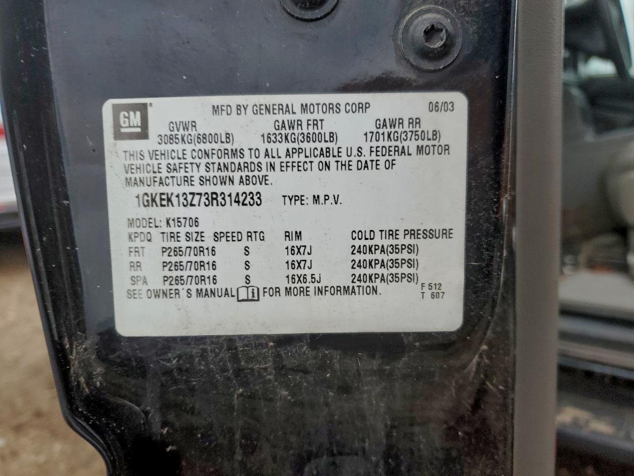 2003 GMC Yukon VIN: 1GKEK13Z73R314233 Lot: 94416615