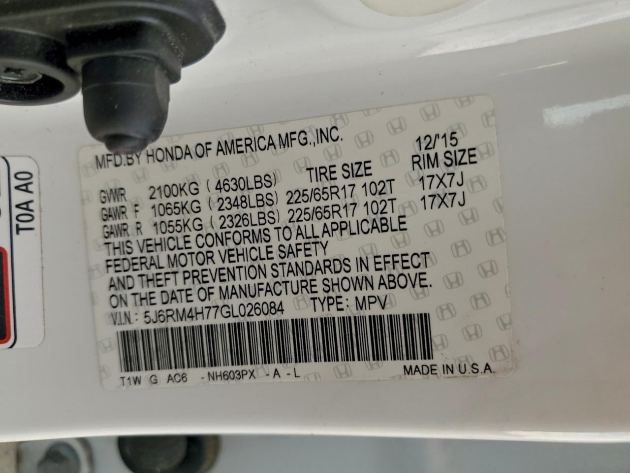 2016 Honda Cr-V Exl VIN: 5J6RM4H77GL026084 Lot: 93920915