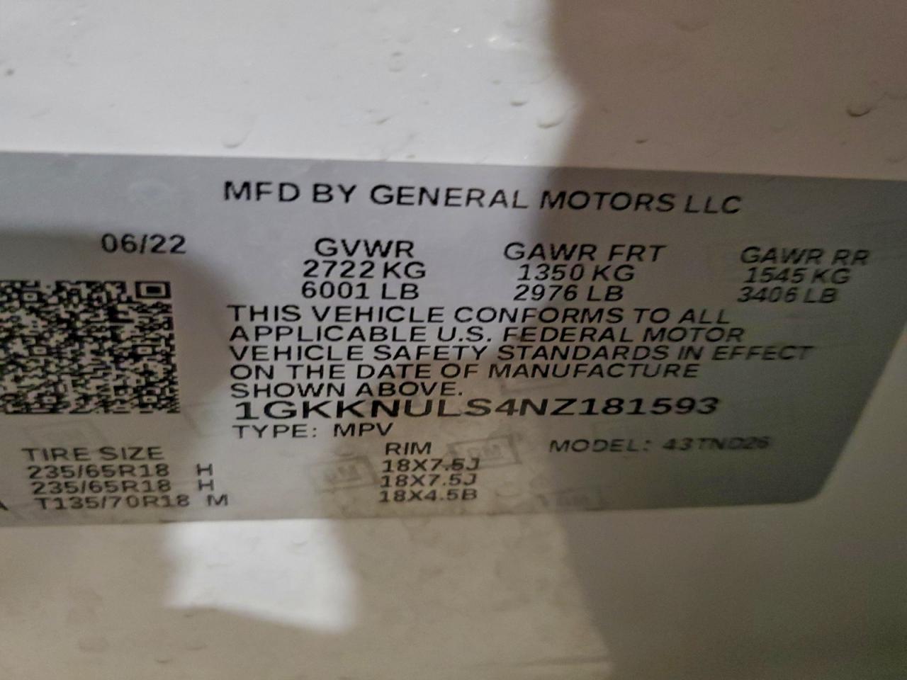 2022 GMC Acadia Slt VIN: 1GKKNULS4NZ181593 Lot: 93929775