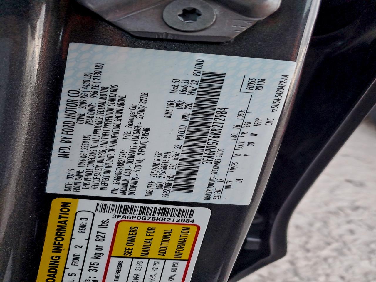 2019 Ford Fusion S VIN: 3FA6P0G76KR212984 Lot: 94502995