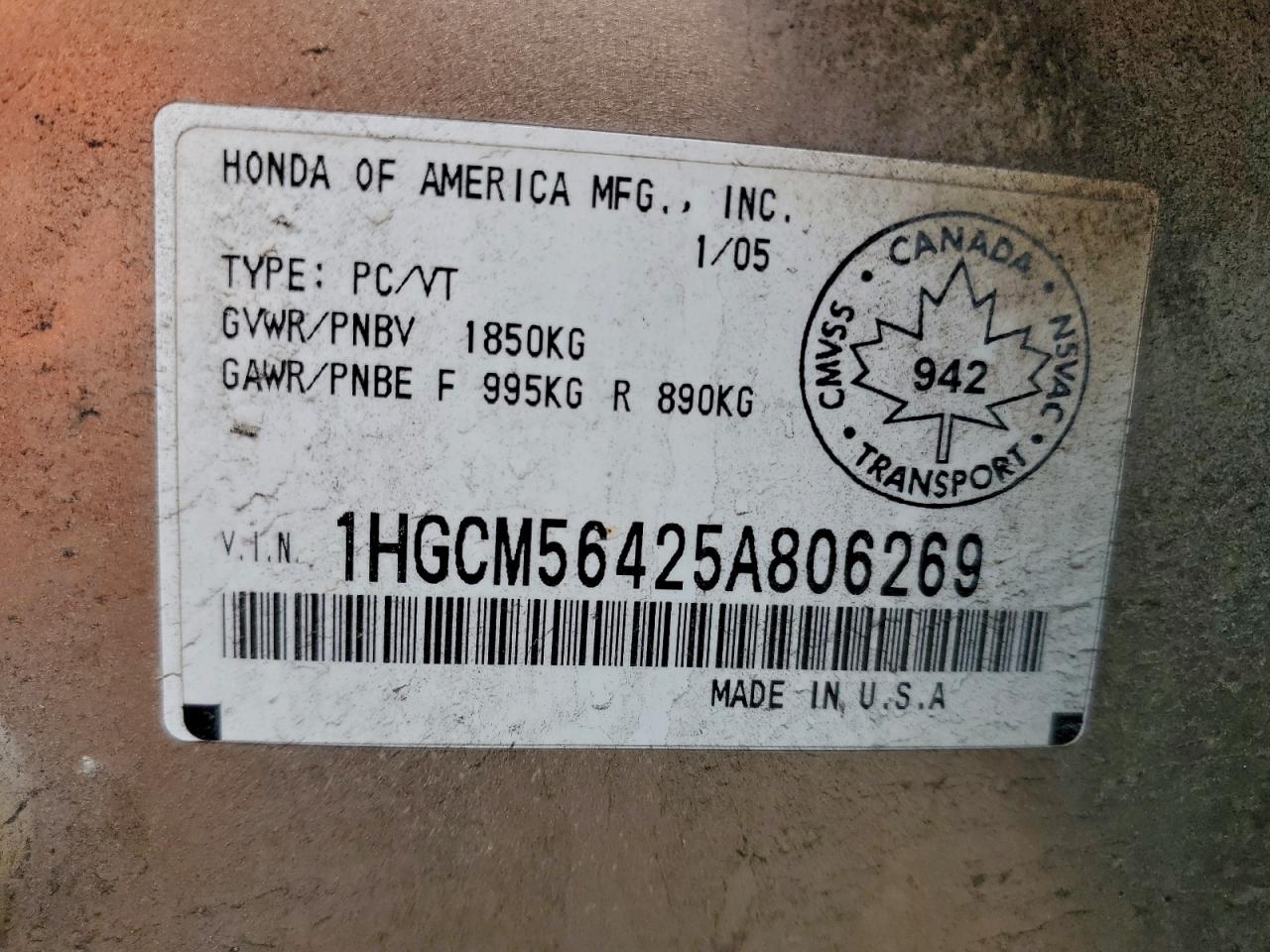 2005 Honda Accord Lx VIN: 1HGCM56425A806269 Lot: 95009155