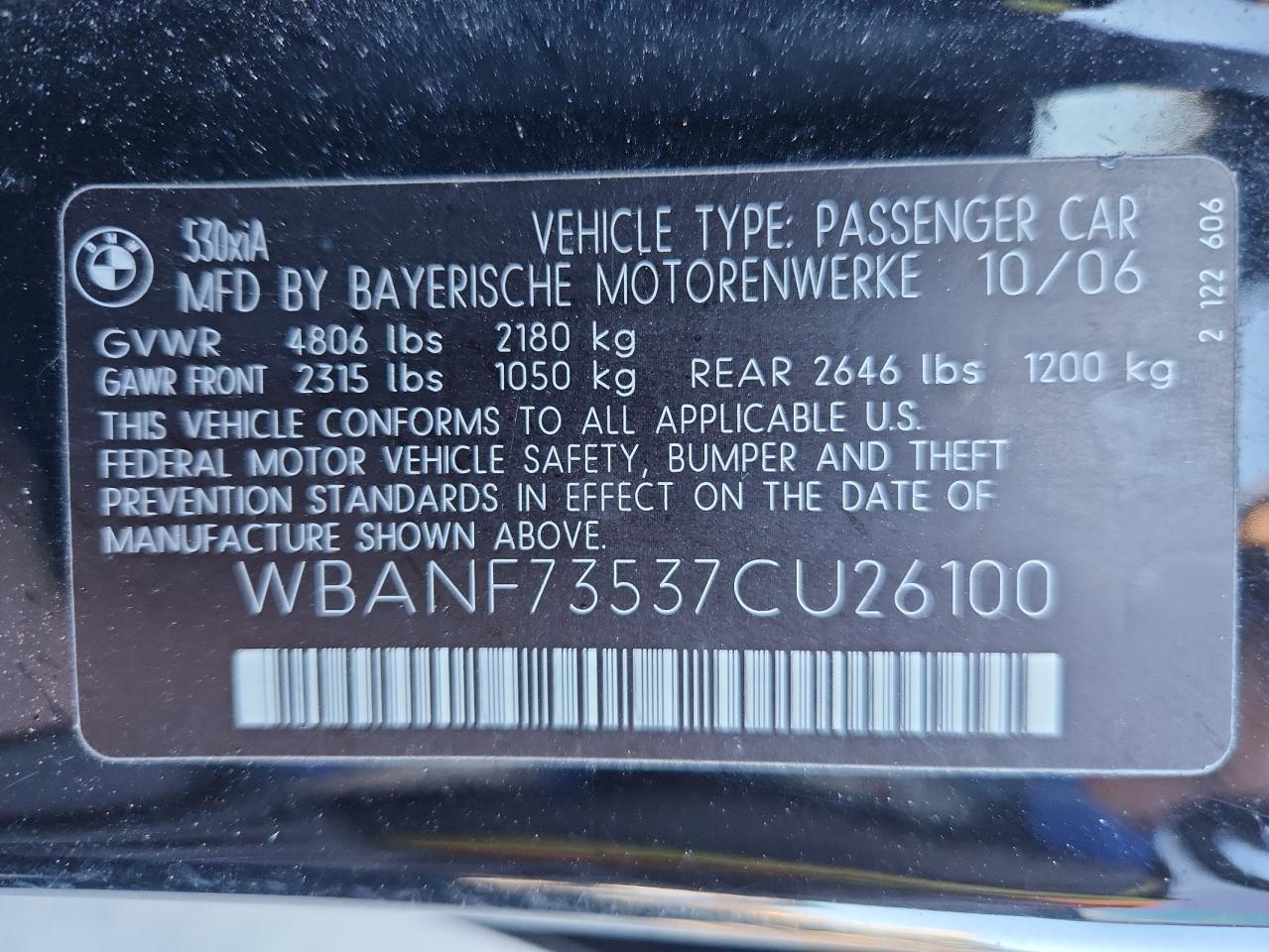 2007 BMW 530 Xi VIN: WBANF73537CU26100 Lot: 92872195