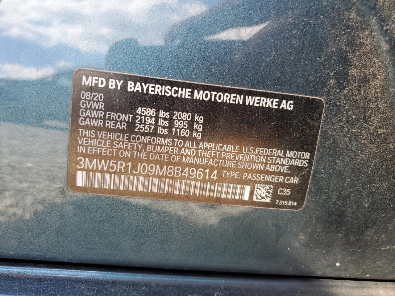 2021 BMW 330I VIN: 3MW5R1J09M8B49614 Lot: 91840925