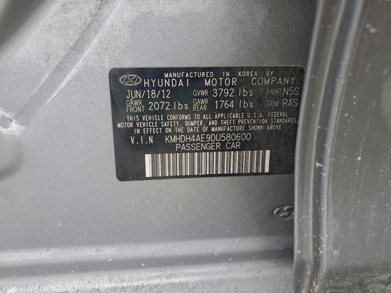 2013 Hyundai Elantra Gls VIN: KMHDH4AE9DU580600 Lot: 92022905