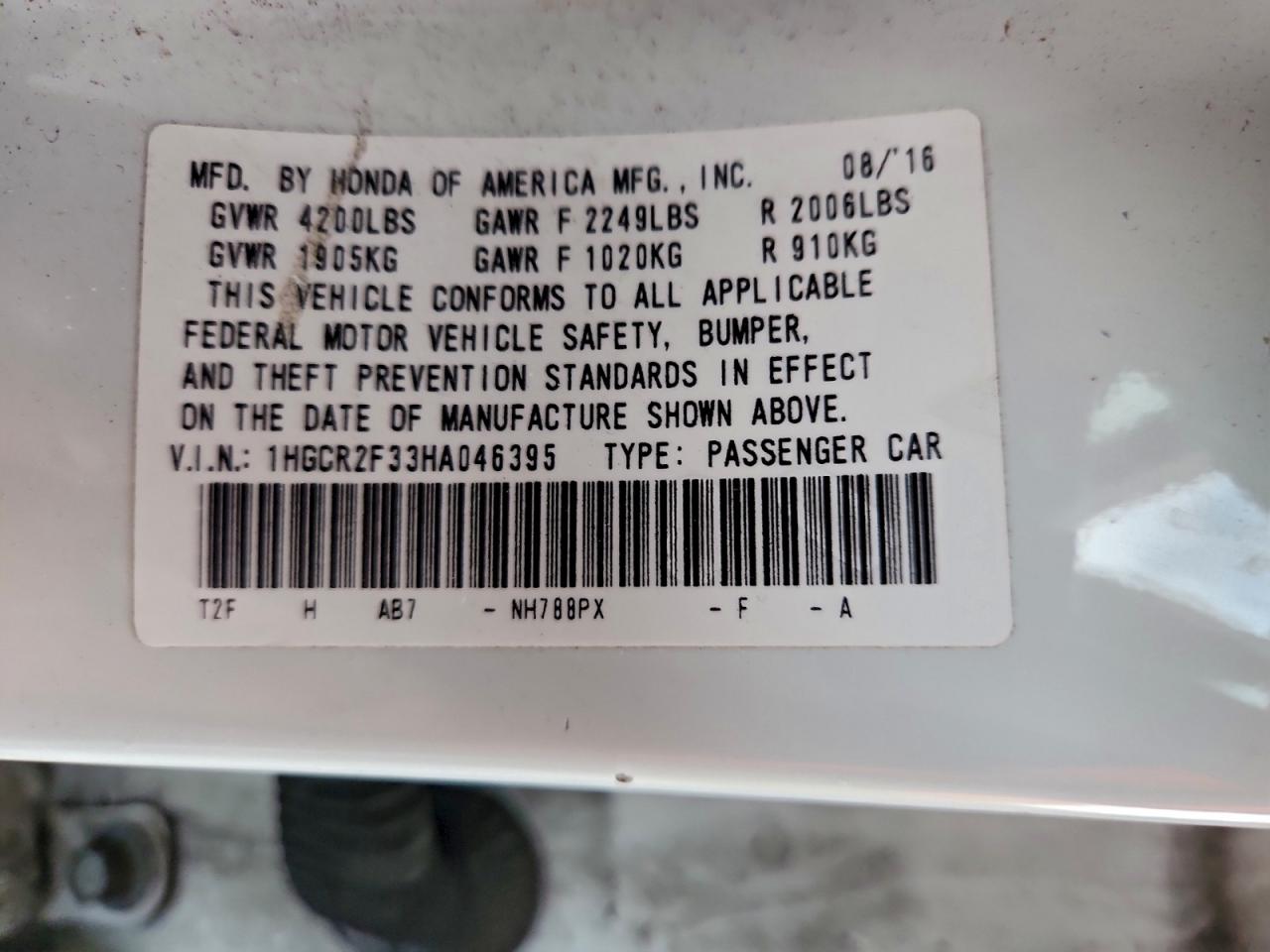 2017 Honda Accord Lx VIN: 1HGCR2F33HA046395 Lot: 93643525