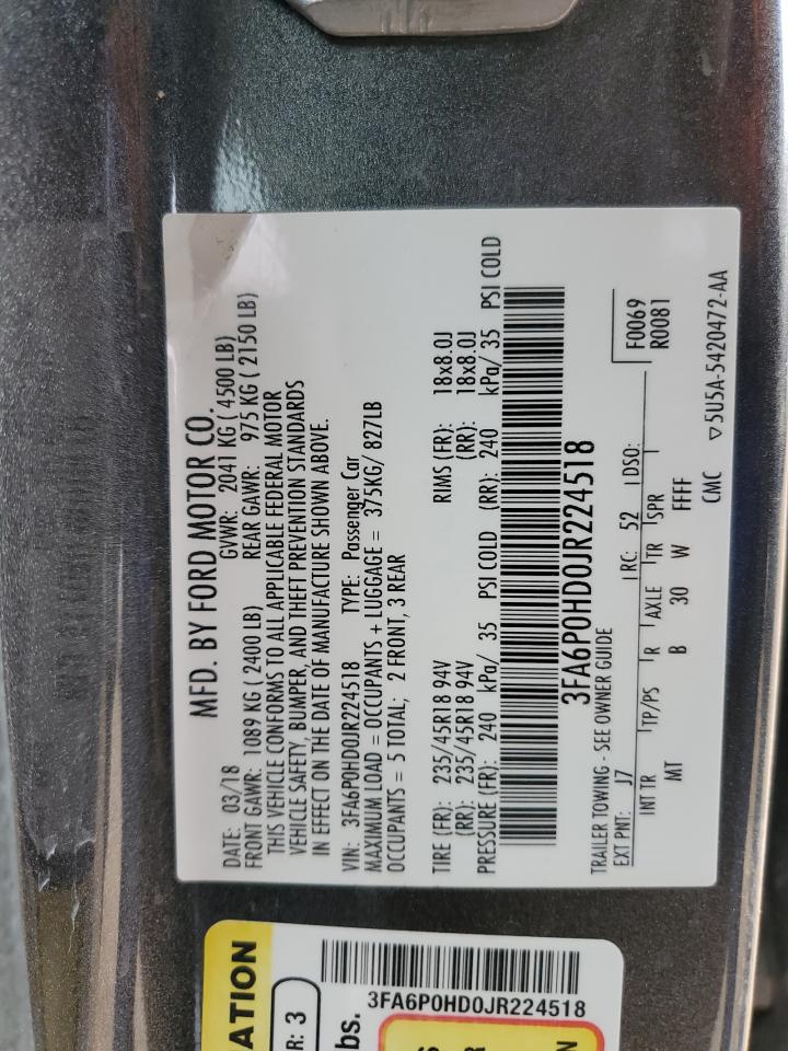 2018 Ford Fusion Se VIN: 3FA6P0HD0JR224518 Lot: 90751505