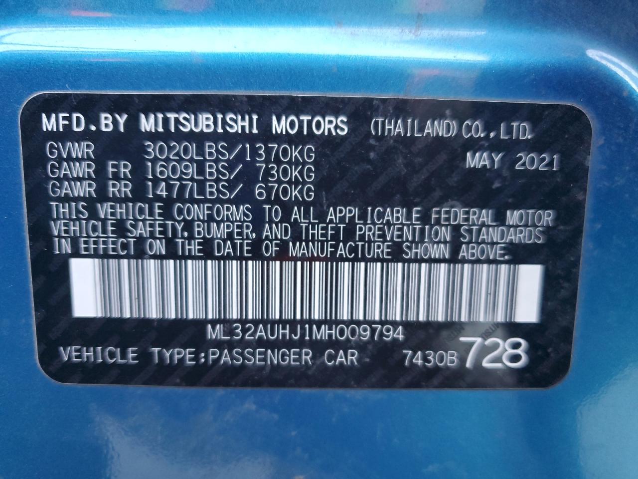 2021 Mitsubishi Mirage Es VIN: ML32AUHJ1MH009794 Lot: 91446075