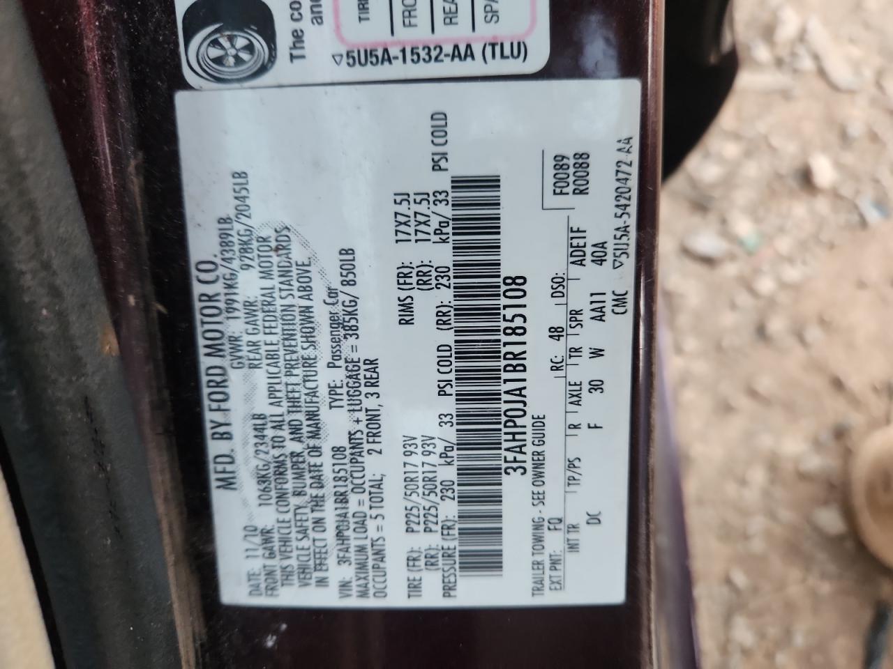 2011 Ford Fusion Sel VIN: 3FAHP0JA1BR185108 Lot: 92498355