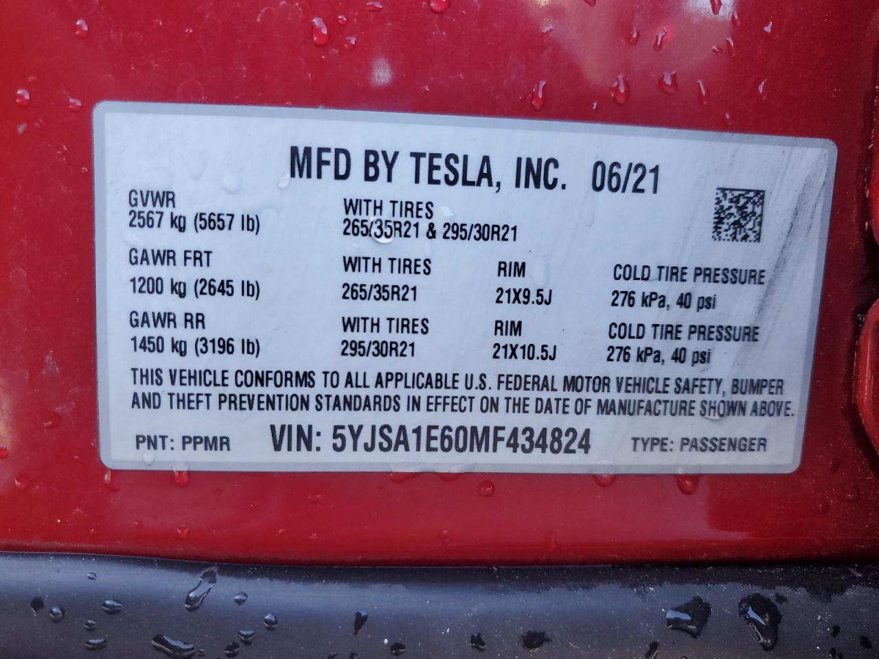 2021 Tesla Model S VIN: 5YJSA1E60MF434824 Lot: 91072305