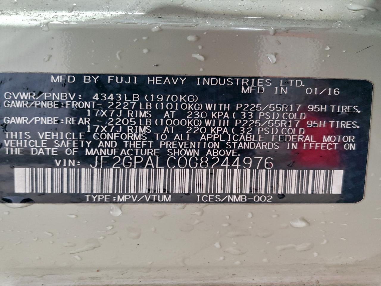 2016 Subaru Crosstrek Limited VIN: JF2GPALC0G8244976 Lot: 93868185