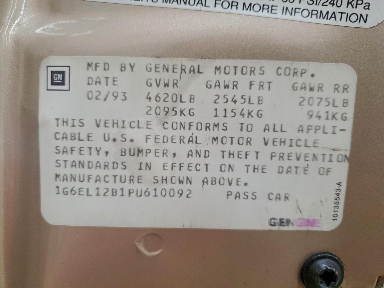 1993 Cadillac Eldorado VIN: 1G6EL12B1PU610092 Lot: 94115355