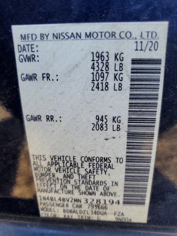 2021 Nissan Altima S VIN: 1N4BL4BV2MN328194 Lot: 92225505