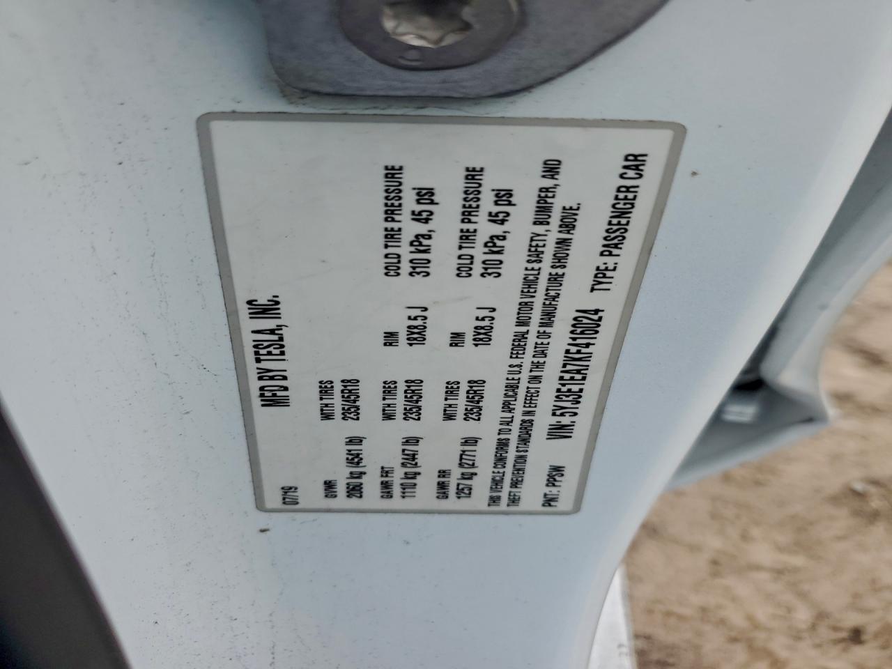 2019 Tesla Model 3 VIN: 5YJ3E1EA7KF416024 Lot: 94074185