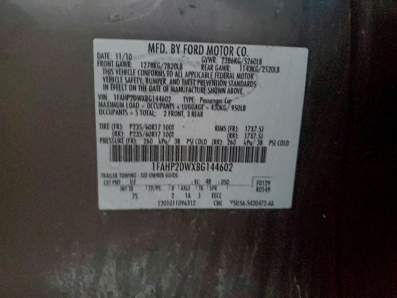 2011 Ford Taurus Se VIN: 1FAHP2DWXBG144602 Lot: 93968105