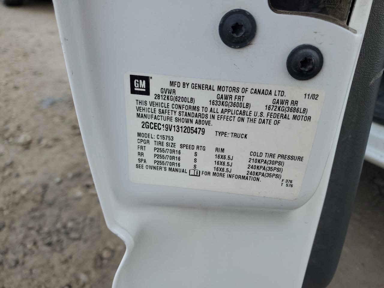 2003 Chevrolet Silverado C1500 VIN: 2GCEC19V131205479 Lot: 93369955