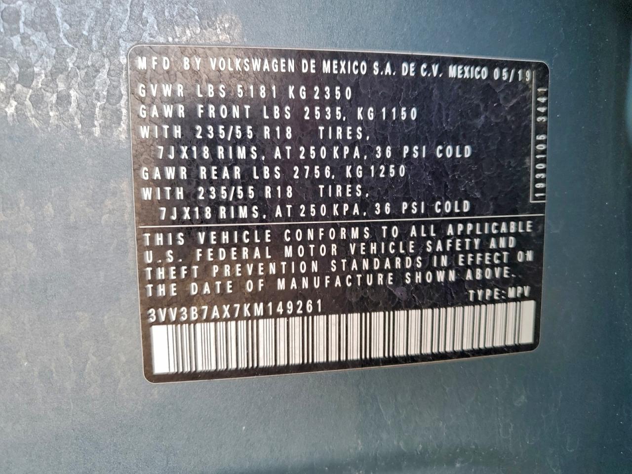 2019 Volkswagen Tiguan Se VIN: 3VV3B7AX7KM149261 Lot: 93716885
