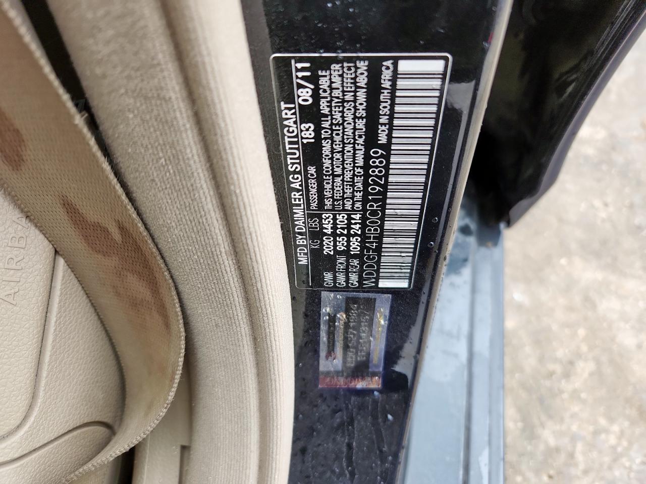 2012 Mercedes-Benz C 250 VIN: WDDGF4HB0CR192889 Lot: 91119125