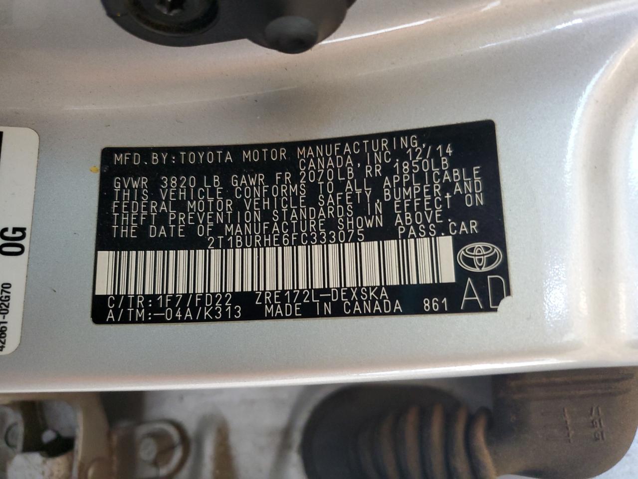 2015 Toyota Corolla L VIN: 2T1BURHE6FC333075 Lot: 92569445