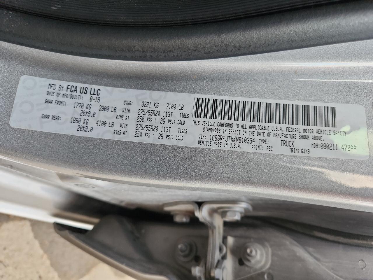 2019 Ram 1500 Laramie VIN: 1C6SRFJTXKN610334 Lot: 91176905