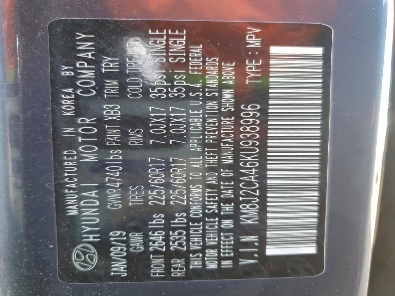 2019 Hyundai Tucson Se VIN: KM8J2CA46KU938996 Lot: 93987995