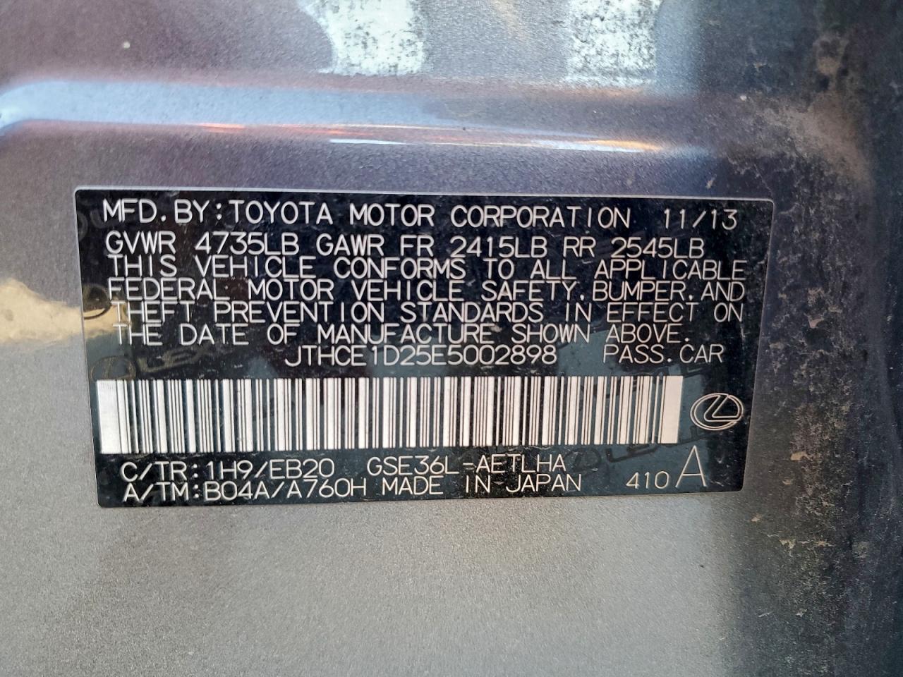 2014 Lexus Is 350 VIN: JTHCE1D25E5002898 Lot: 90998755