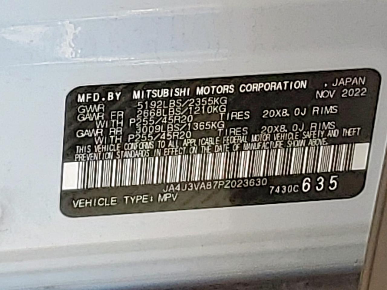 2023 Mitsubishi Outlander Sel VIN: JA4J3VA87PZ023630 Lot: 91928955