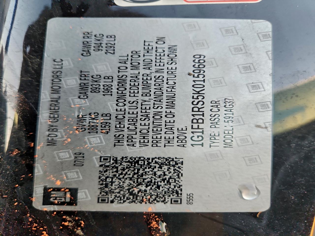 2019 Chevrolet Camaro Ls VIN: 1G1FB1RS5K0159669 Lot: 93954815