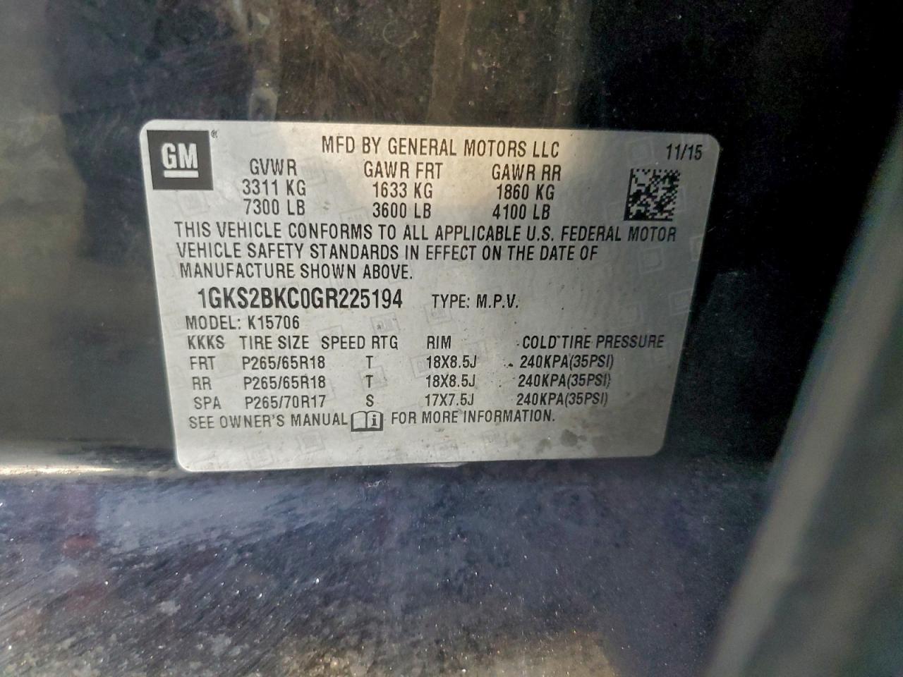2016 GMC Yukon Slt VIN: 1GKS2BKC0GR225194 Lot: 94326495