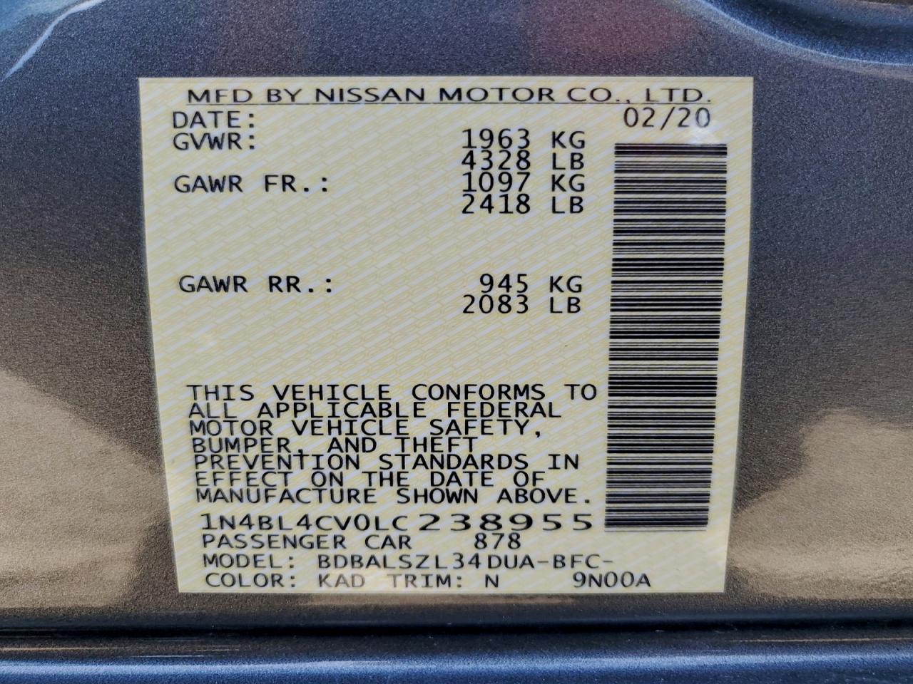 2020 Nissan Altima Sr VIN: 1N4BL4CV0LC238955 Lot: 93439645