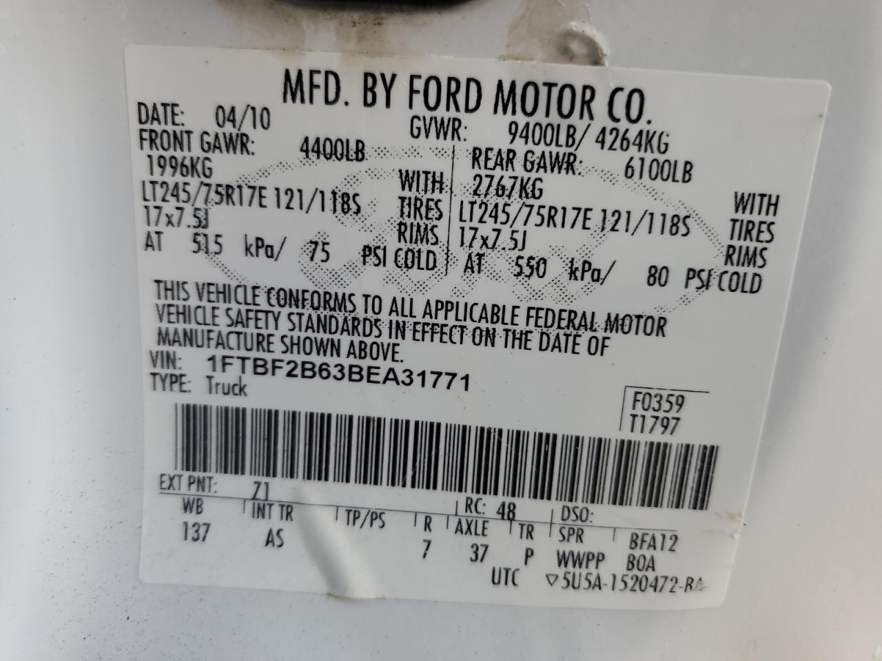 2011 Ford F250 Super Duty VIN: 1FTBF2B63BEA31771 Lot: 93380165