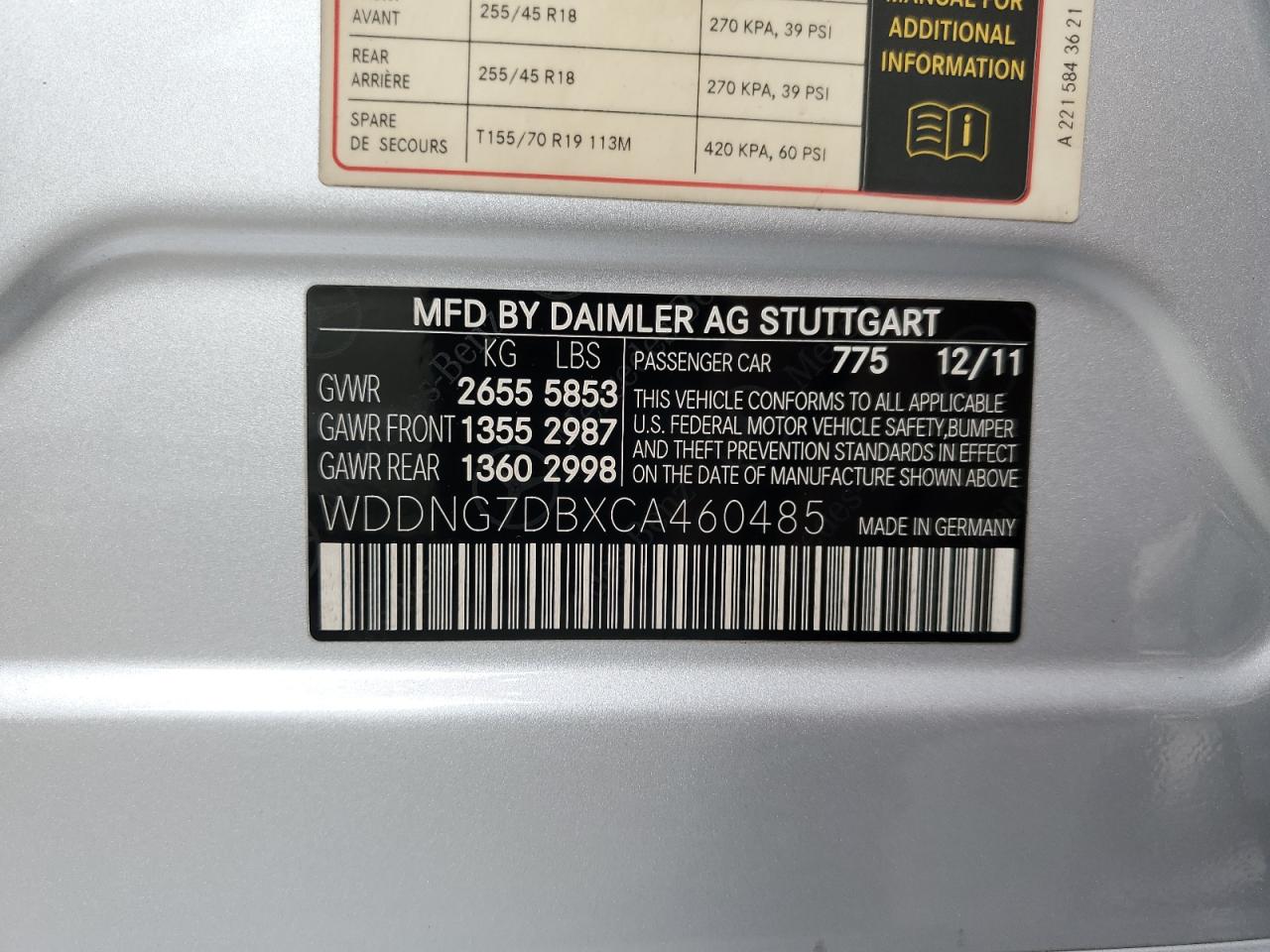 2012 Mercedes-Benz S 550 VIN: WDDNG7DBXCA460485 Lot: 91630695