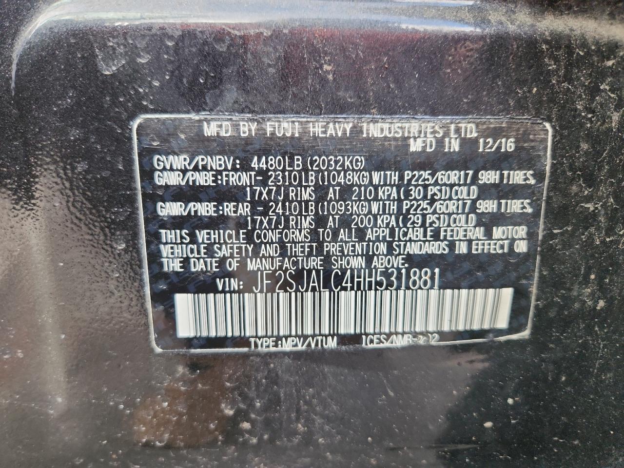 2017 Subaru Forester 2.5I Limited VIN: JF2SJALC4HH531881 Lot: 91461405